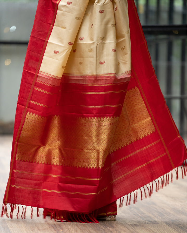 Cosmic Latte Cream and Red Pure Kanchipuram Silk Saree - Clio Silks