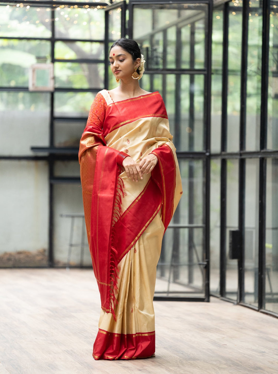 Cream kanchipuram silk saree