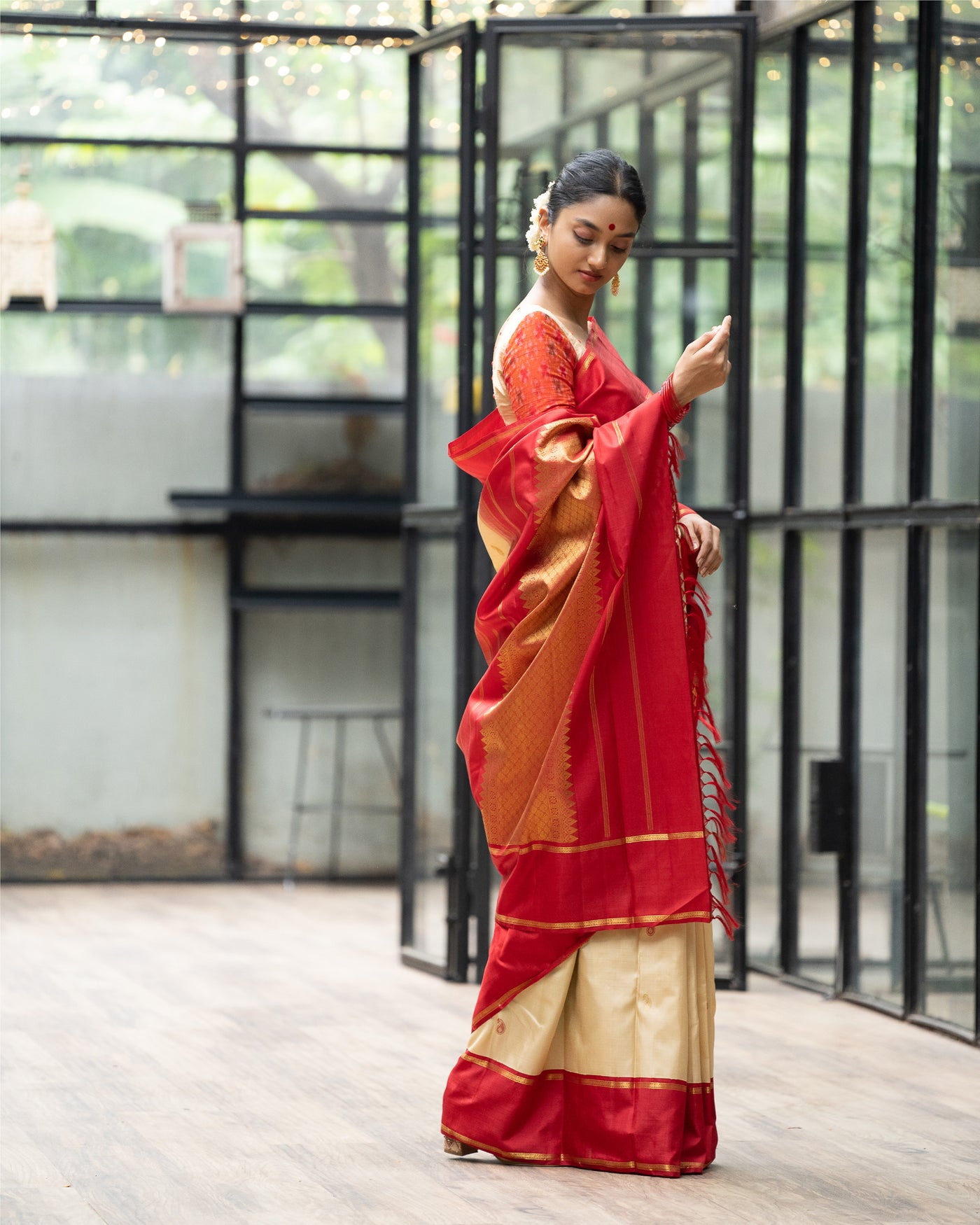 Cosmic Latte Cream and Red Pure Kanchipuram Silk Saree - Clio Silks