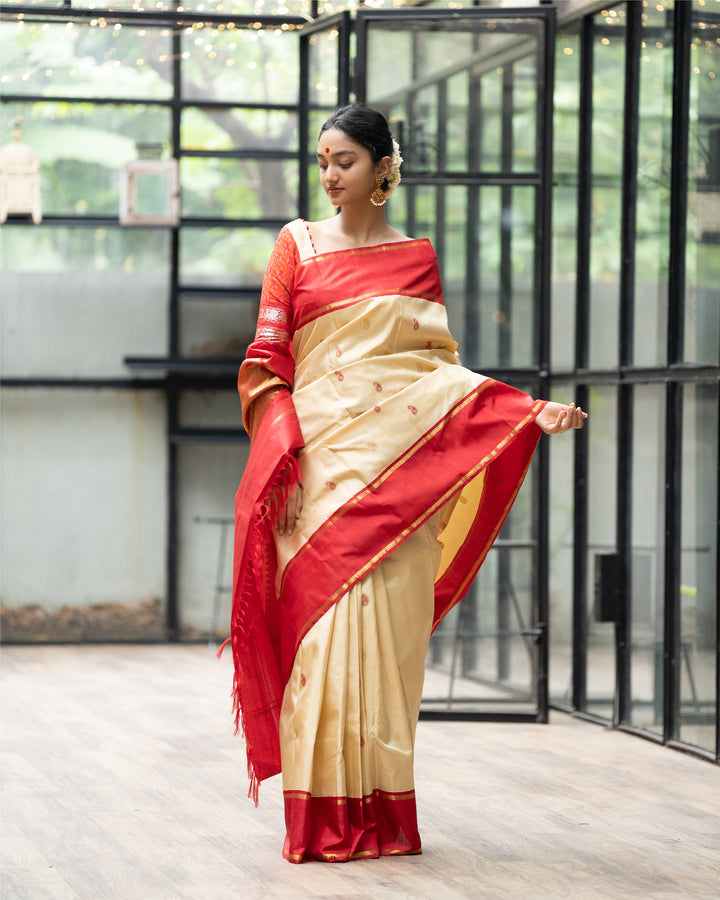 Cosmic Latte Cream and Red Pure Kanchipuram Silk Saree - Clio Silks