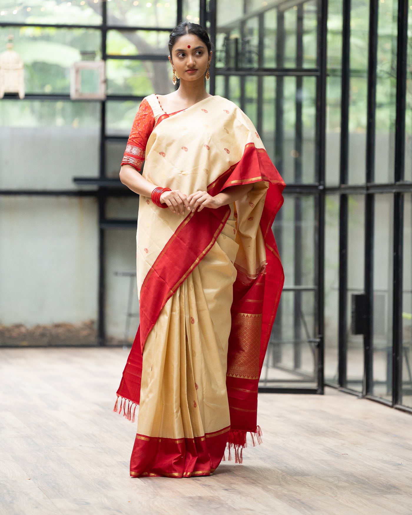 cream and red silk saree