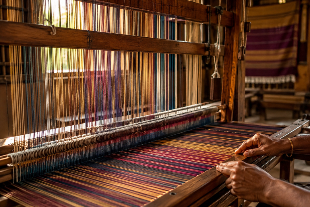 traditional handloom weaving colorful silk threads on a wooden loom in a textile workshop.