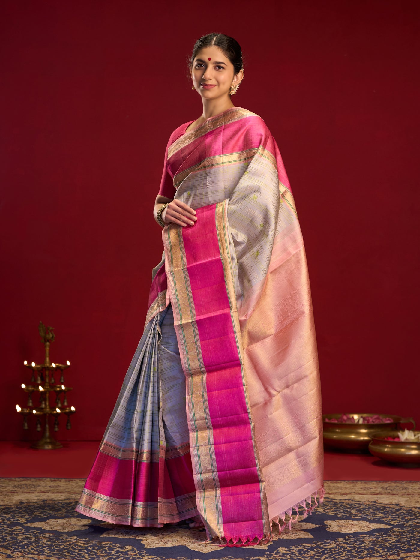 Grey silver pure zari Kanchipuram silk saree