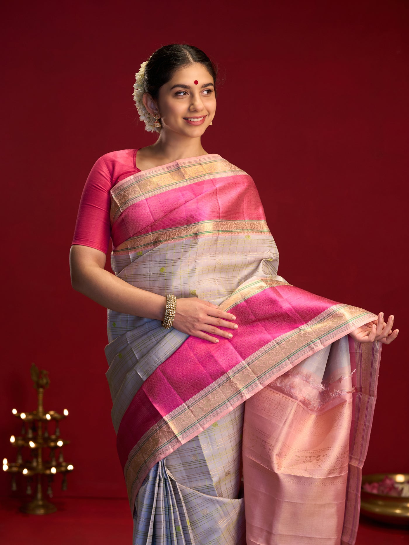 Grey silver pure zari Kanchipuram silk saree