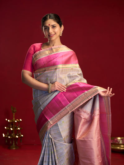 Grey silver pure zari Kanchipuram silk saree