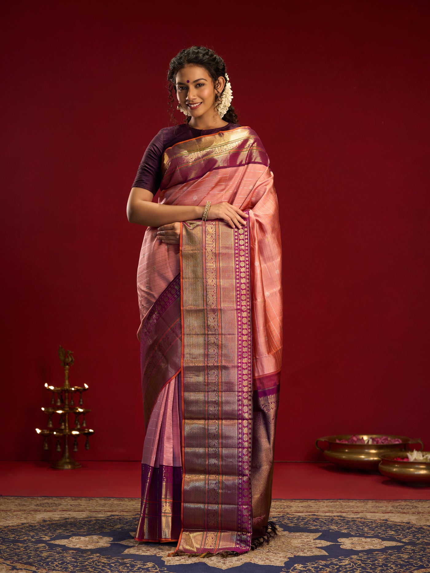 Blush pink and purple pure zari twill Kanchipuram silk saree