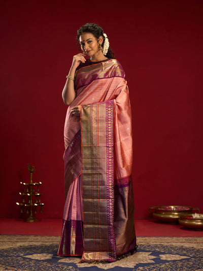 Blush pink and purple pure zari twill Kanchipuram silk saree