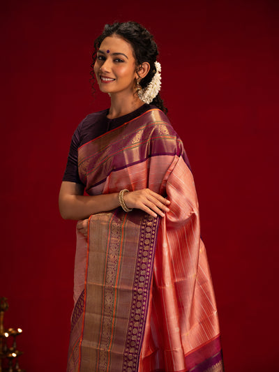 Blush pink and purple pure zari twill Kanchipuram silk saree