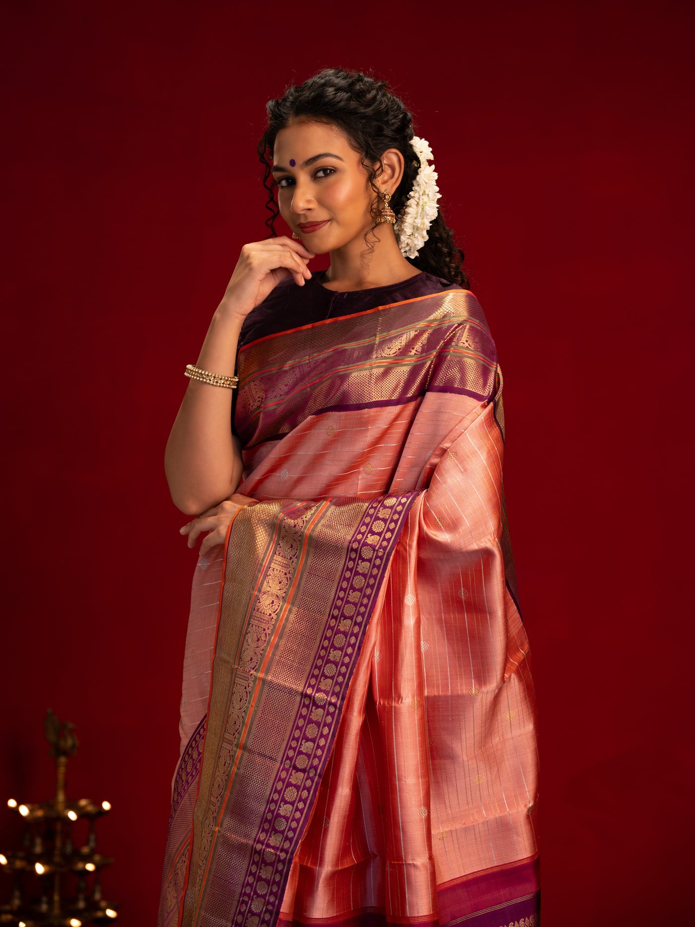 Blush pink and purple pure zari twill Kanchipuram silk saree