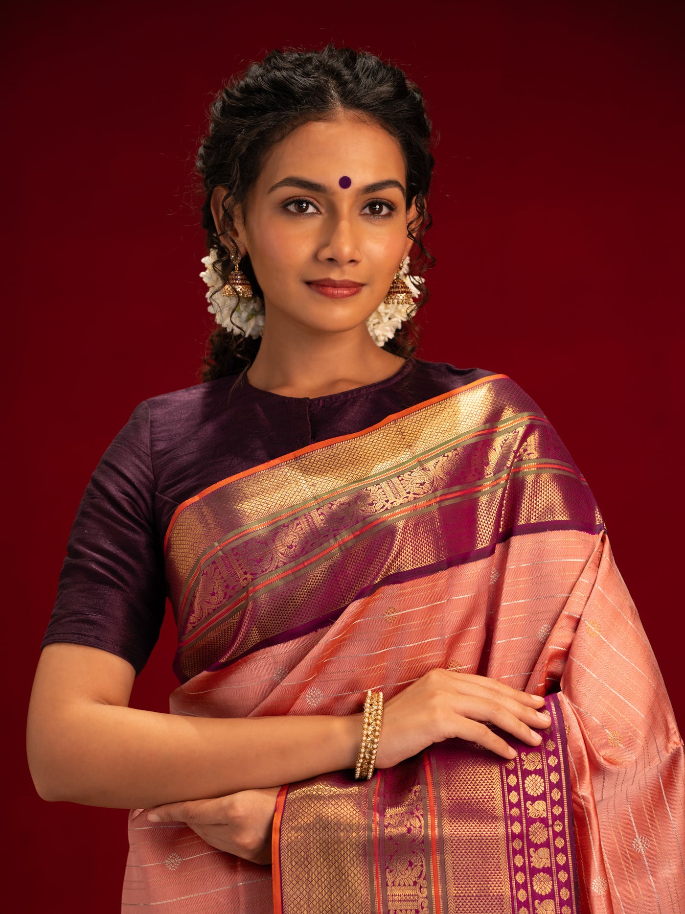 Blush pink and purple pure zari twill Kanchipuram silk saree