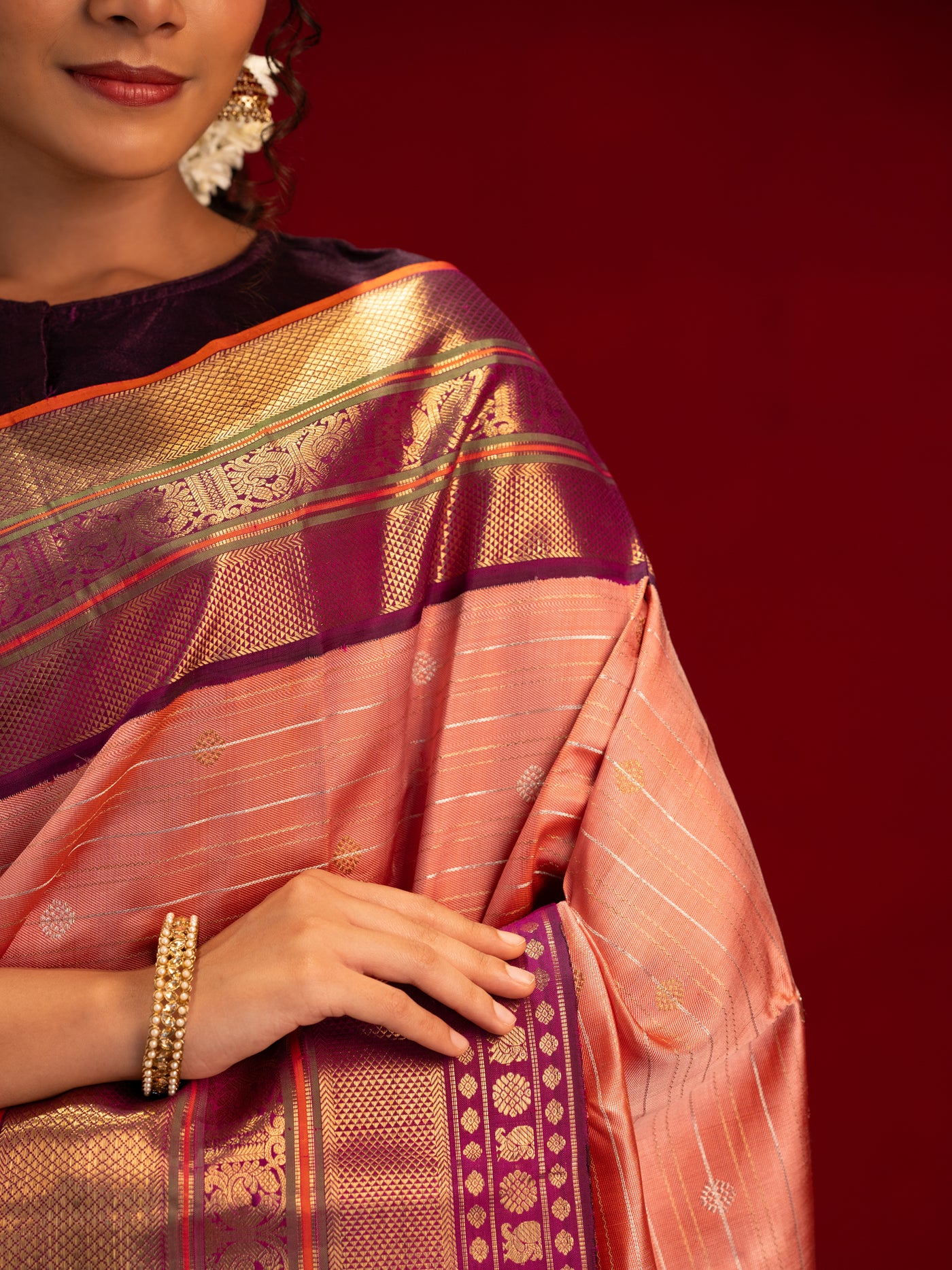 Blush pink and purple pure zari twill Kanchipuram silk saree