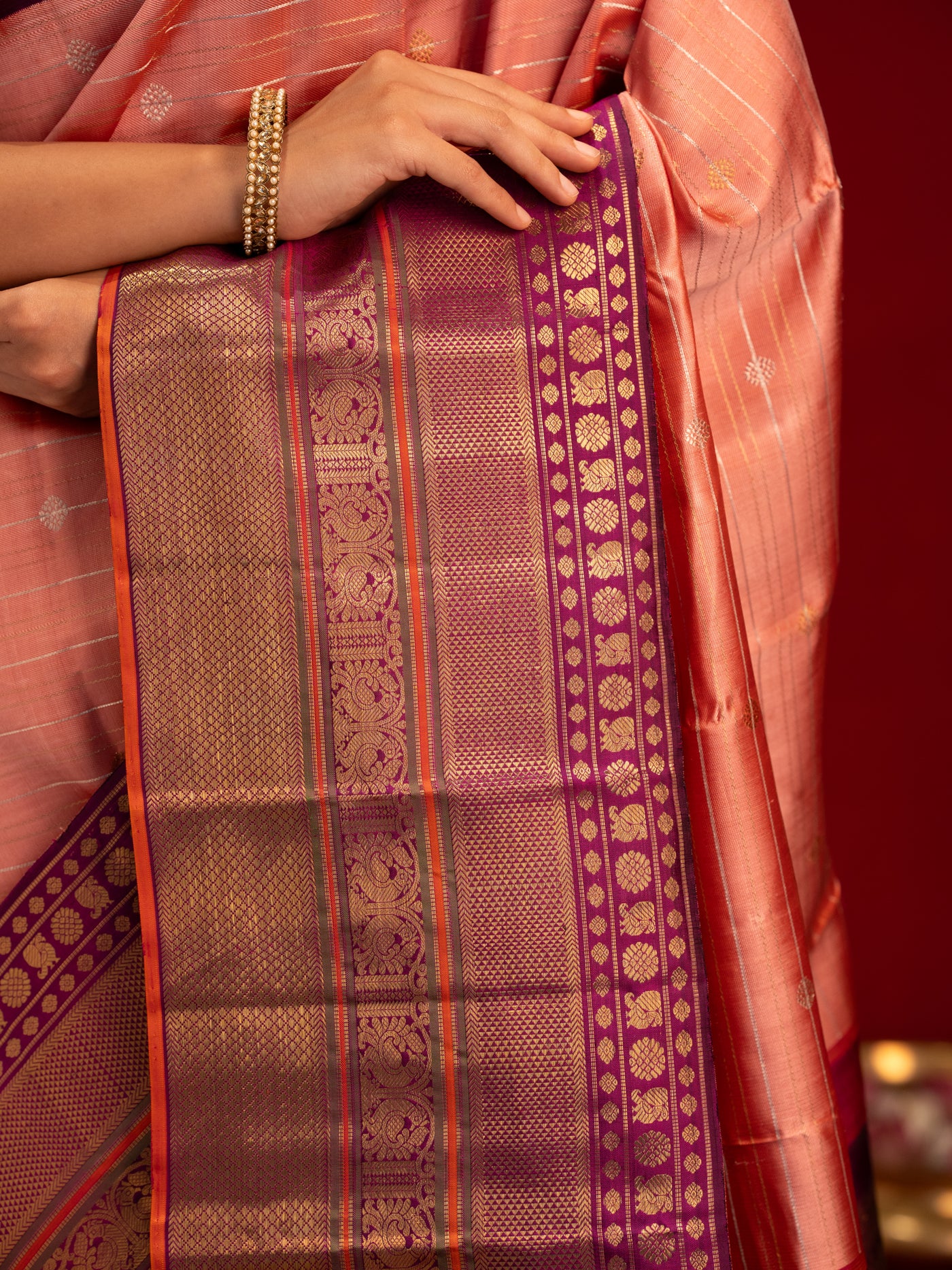 Blush pink and purple pure zari twill Kanchipuram silk saree