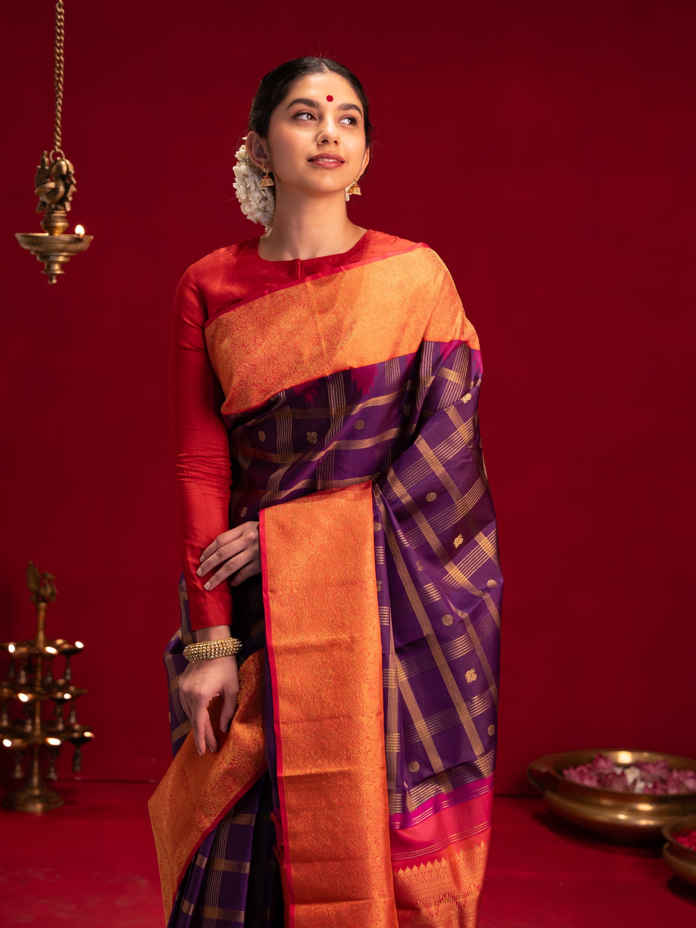 Aubergine purple and red pure zari Kanchipuram silk saree
