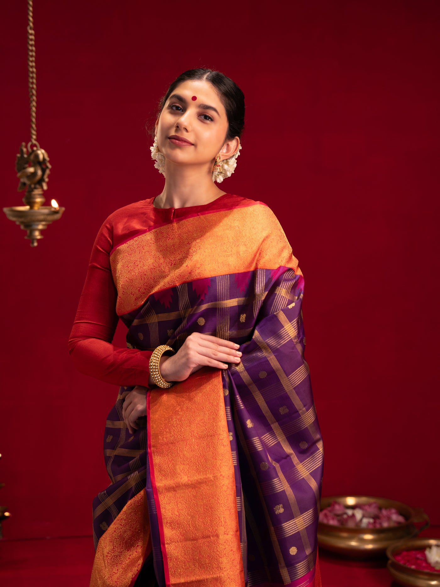 Aubergine purple and red pure zari Kanchipuram silk saree
