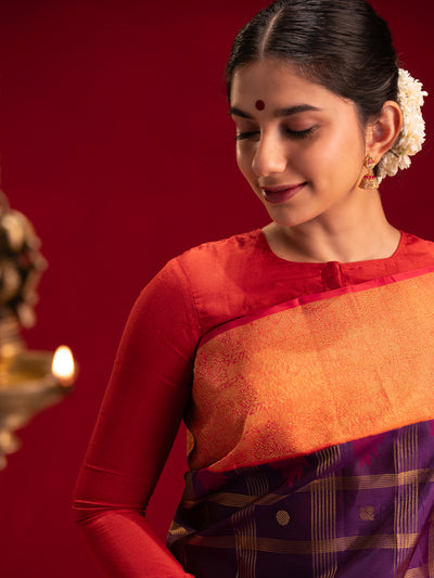 Aubergine purple and red pure zari Kanchipuram silk saree
