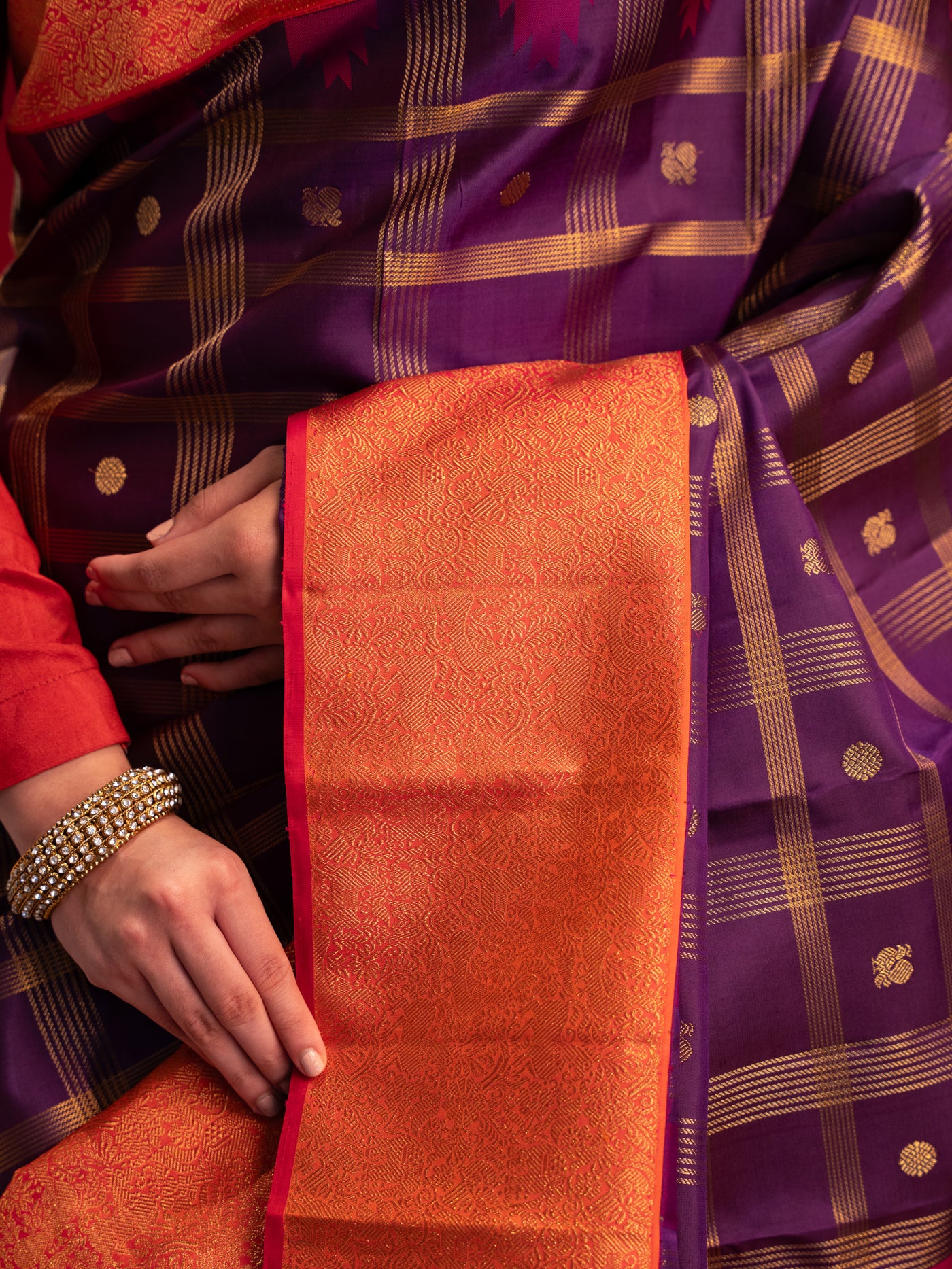 Aubergine purple and red pure zari Kanchipuram silk saree
