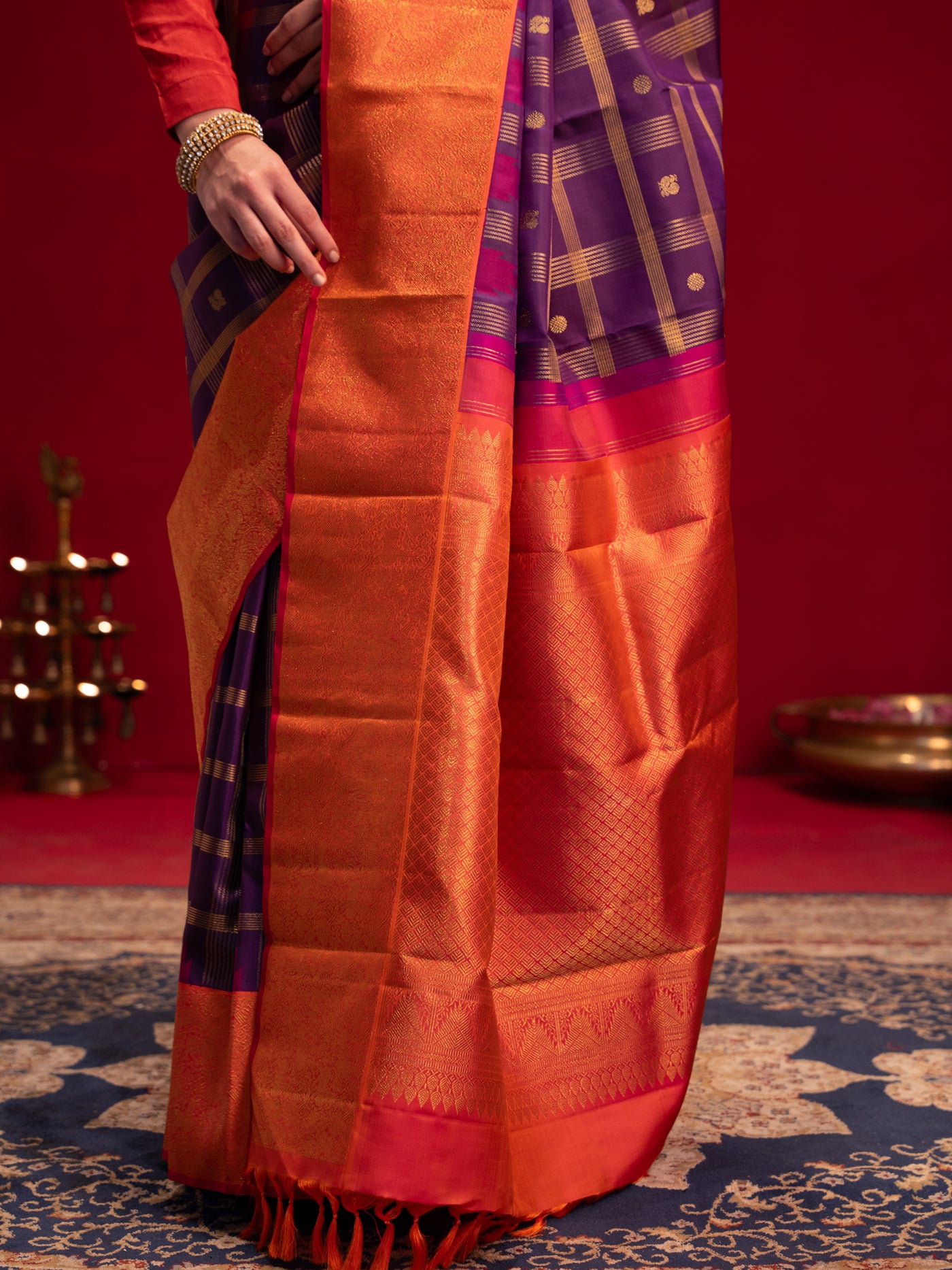 Aubergine purple and red pure zari Kanchipuram silk saree
