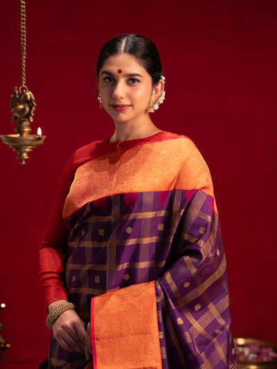 Aubergine purple and red pure zari Kanchipuram silk saree
