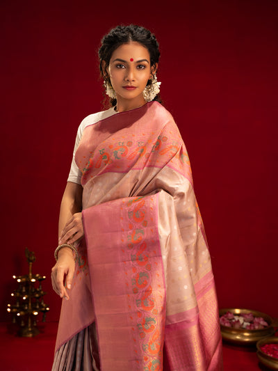 Dusty pink Paithani pure zari kanjivaram silk saree