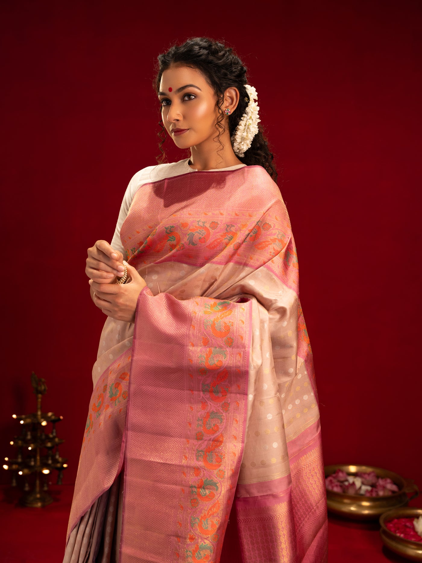 Dusty pink Paithani pure zari kanjivaram silk saree