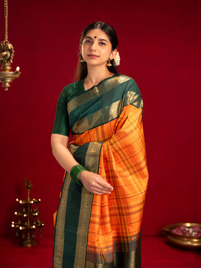 Orange and green Vintage checks pure zari Kanchipuram silk saree