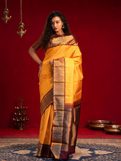 Golden yellow and brown pure zari kanjivaram silk saree