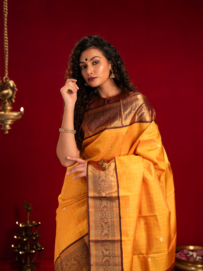 Golden yellow and brown pure zari kanjivaram silk saree