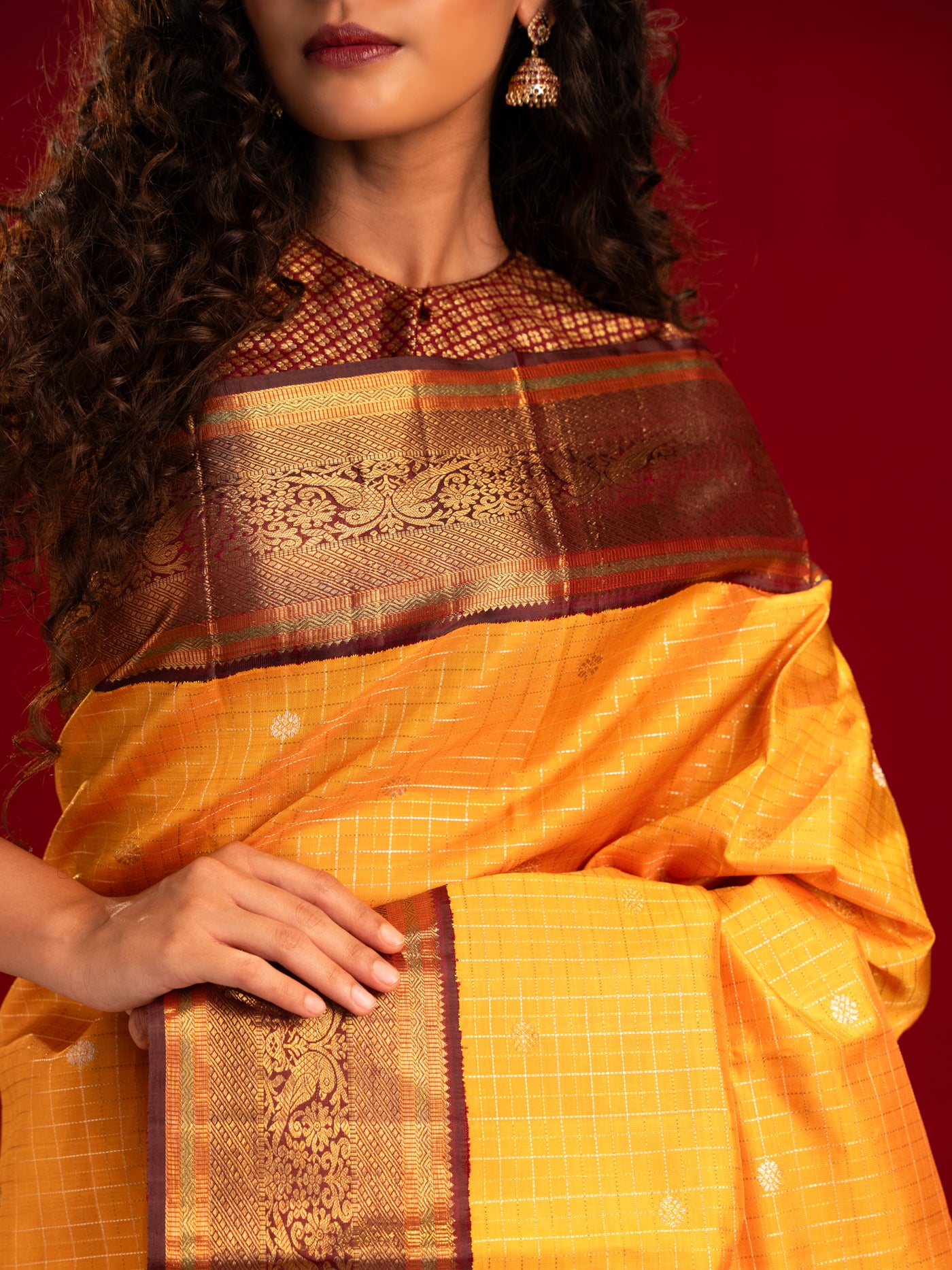 Golden yellow and brown pure zari kanjivaram silk saree