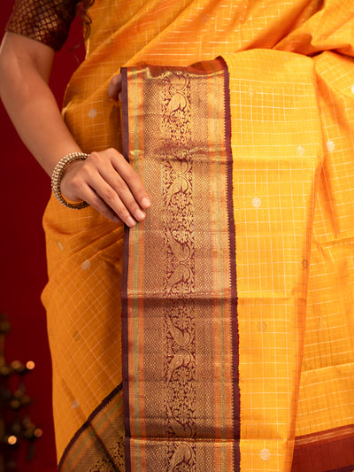 Golden yellow and brown pure zari kanjivaram silk saree