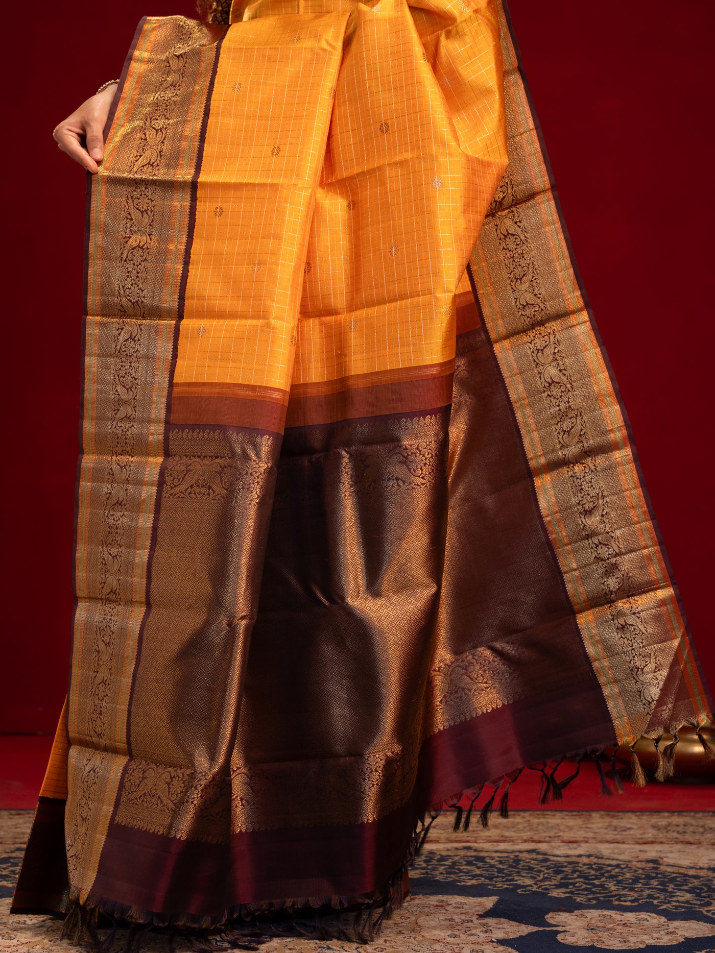 Golden yellow and brown pure zari kanjivaram silk saree