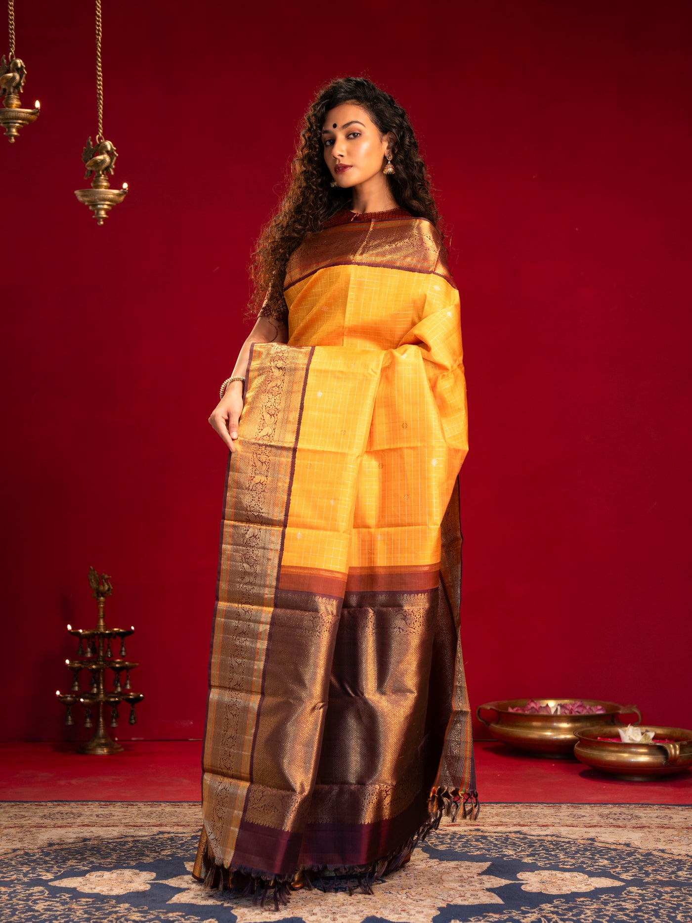 Golden yellow and brown pure zari kanjivaram silk saree