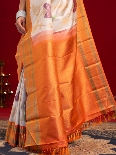 Pearl white multi floral pure zari Kanchipuram silk saree