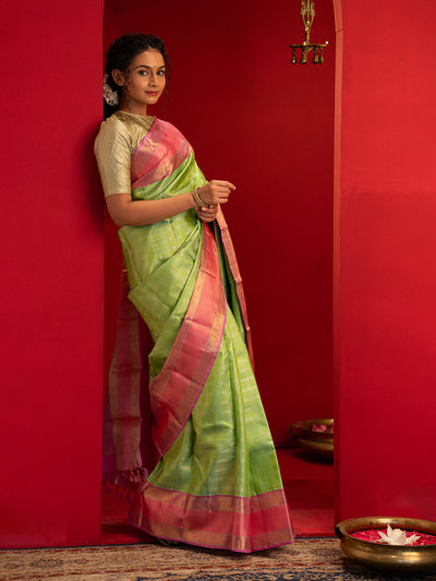 Mint green and rose peach pure zari Kanchipuram silk saree