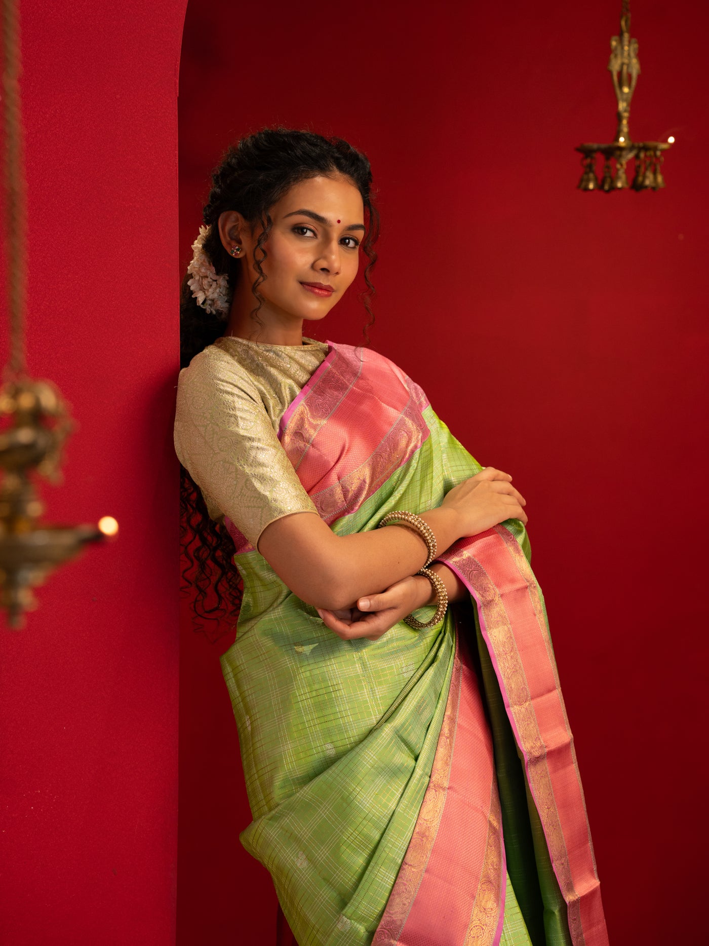 Mint green and rose peach pure zari Kanchipuram silk saree