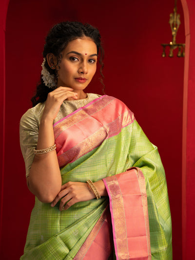 Mint green and rose peach pure zari Kanchipuram silk saree