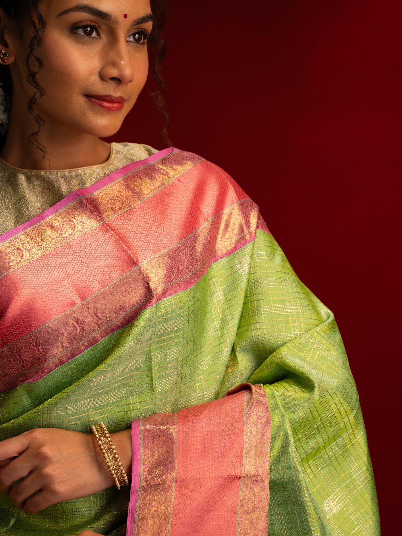 Mint green and rose peach pure zari Kanchipuram silk saree