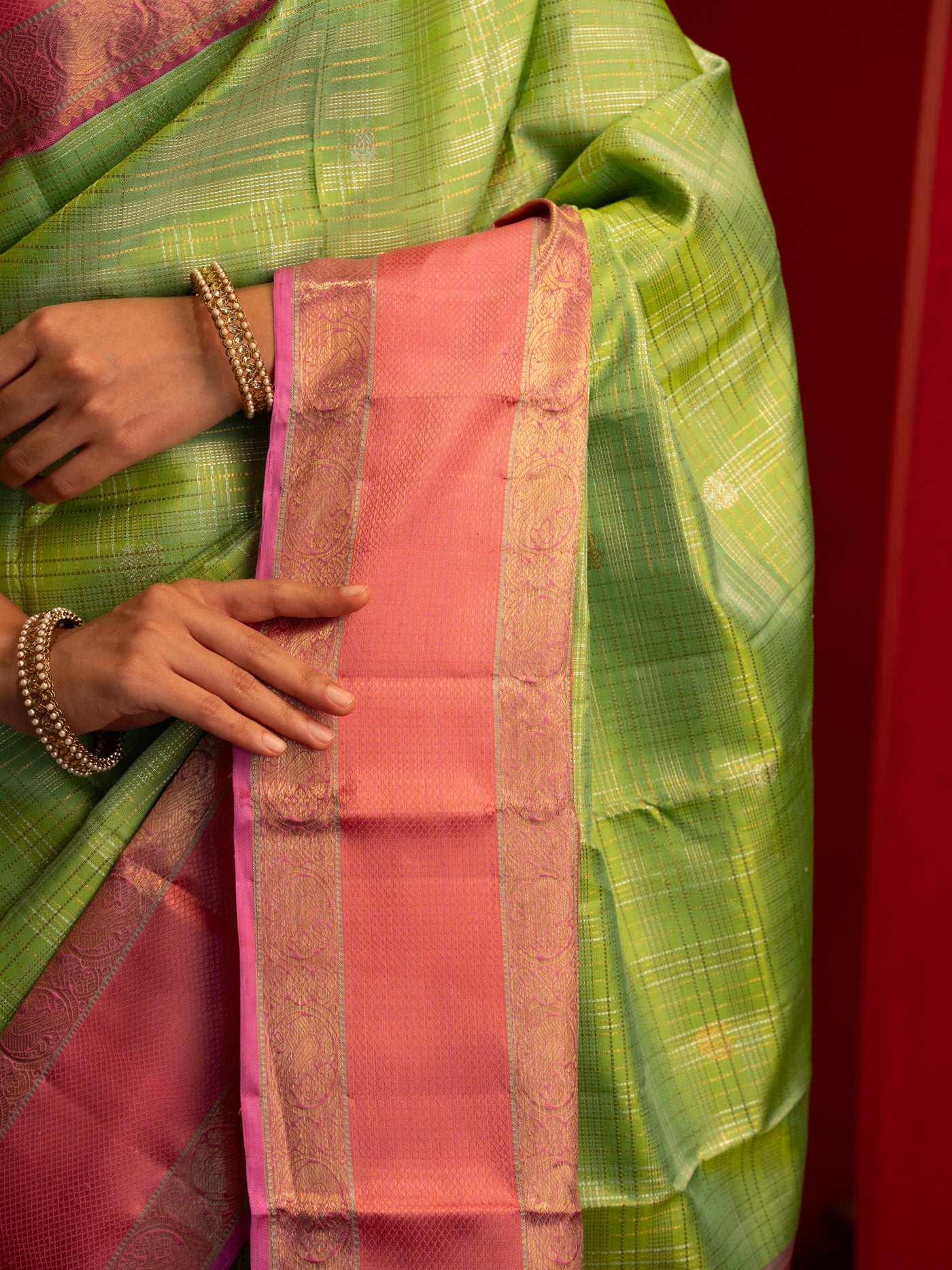 Mint green and rose peach pure zari Kanchipuram silk saree