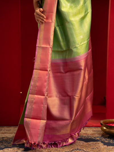 Mint green and rose peach pure zari Kanchipuram silk saree