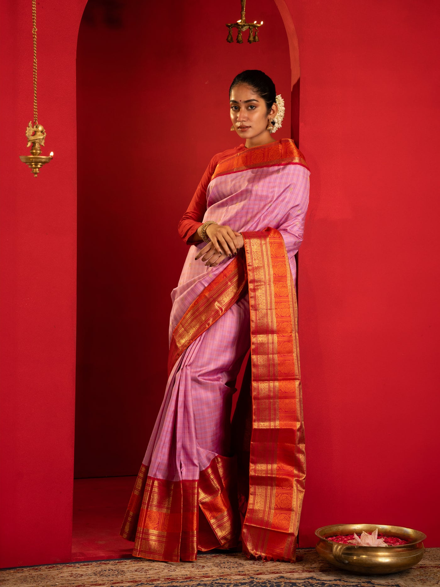 Lilac and red pure zari Kanchipuram silk saree