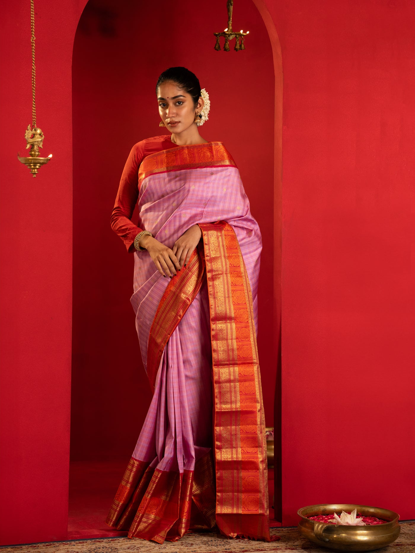 Lilac and red pure zari Kanchipuram silk saree