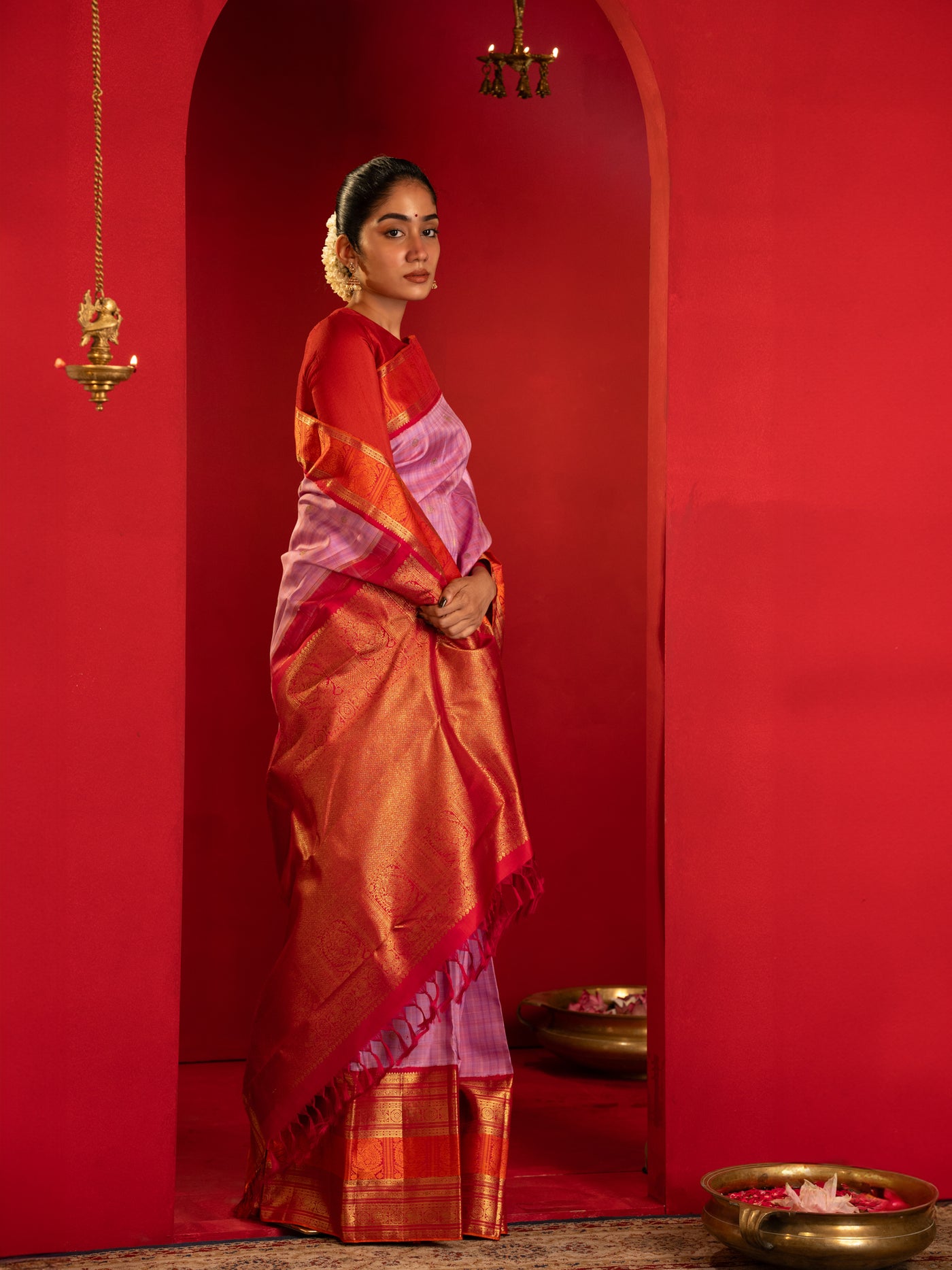 Lilac and red pure zari Kanchipuram silk saree