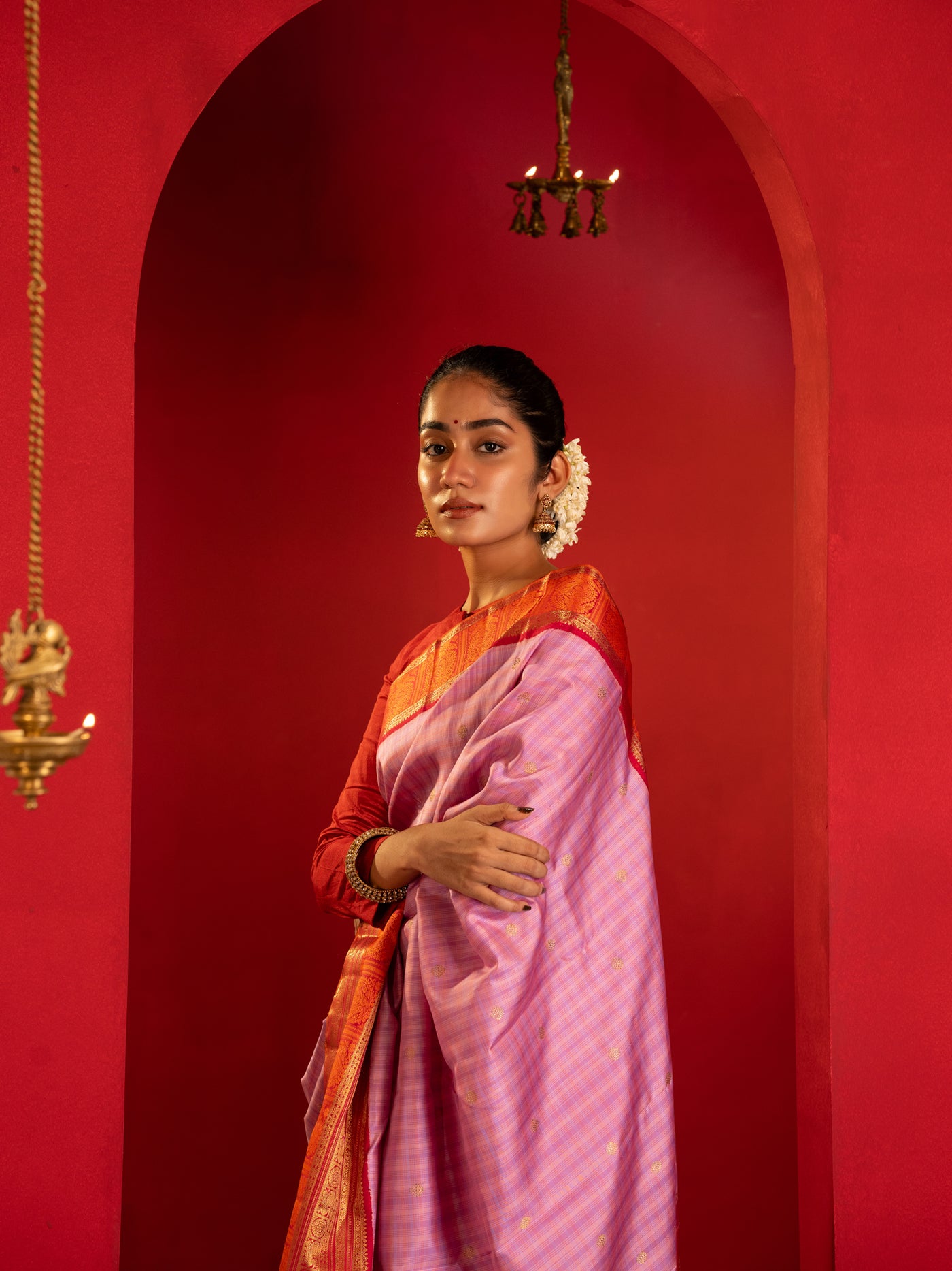 Lilac and red pure zari Kanchipuram silk saree