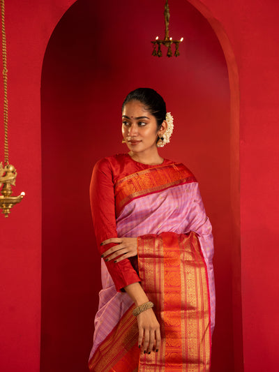 Lilac and red pure zari Kanchipuram silk saree