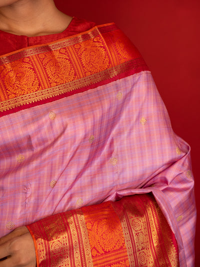 Lilac and red pure zari Kanchipuram silk saree