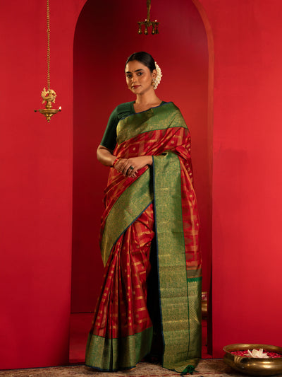 Maroon and green vanasingaram pure zari Kanchipuram silk saree