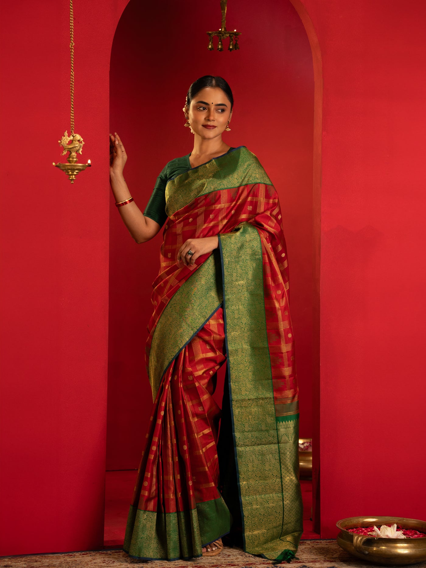 Maroon and green vanasingaram pure zari Kanchipuram silk saree