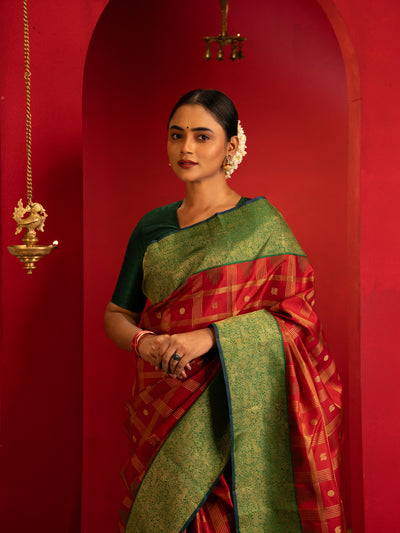 Maroon and green vanasingaram pure zari Kanchipuram silk saree