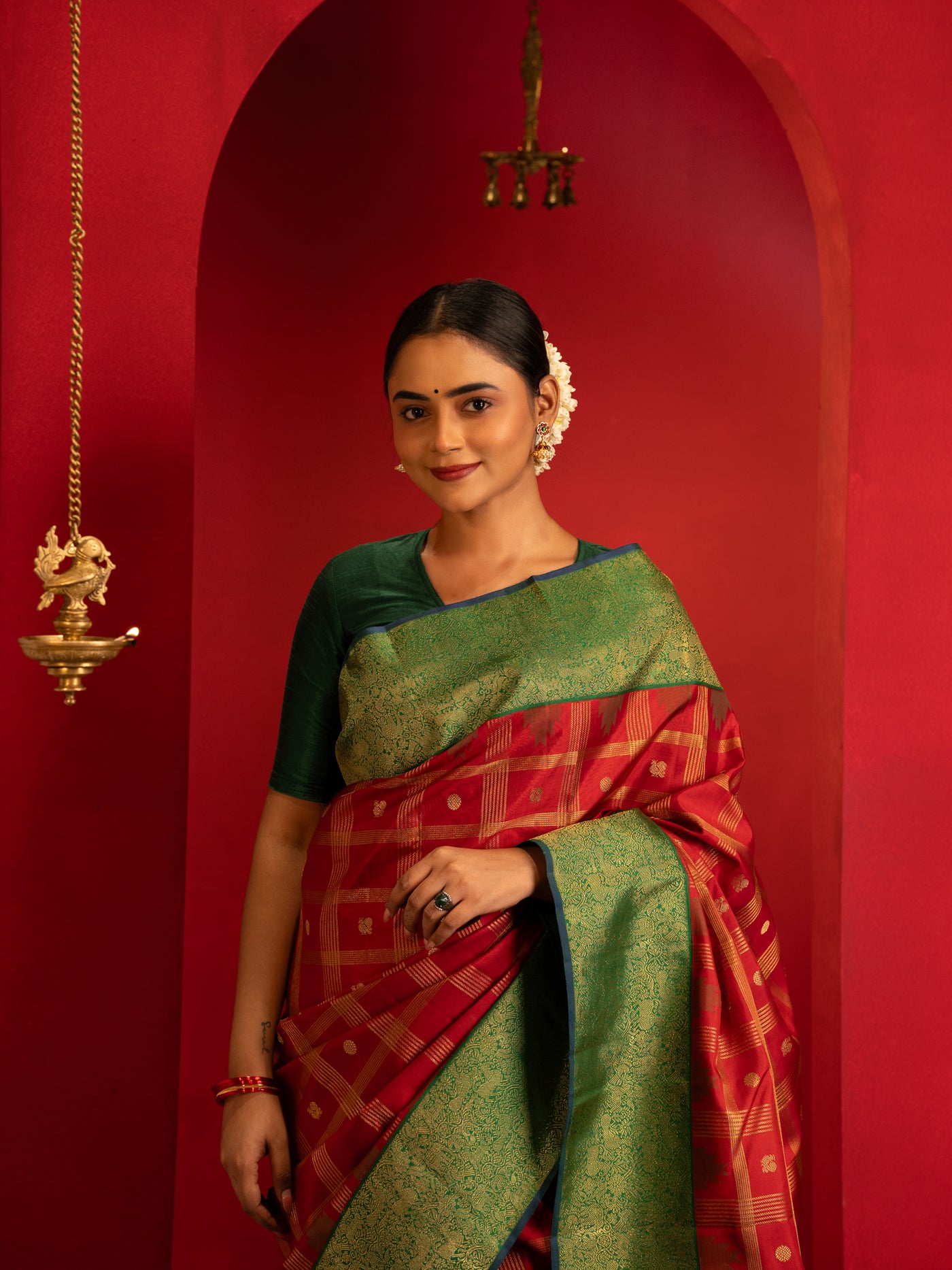 Carmine Red and Green Classic pure zari Kanchipuram silk saree