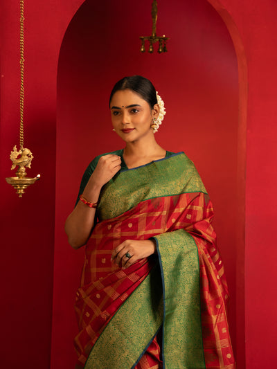 Maroon and green vanasingaram pure zari Kanchipuram silk saree