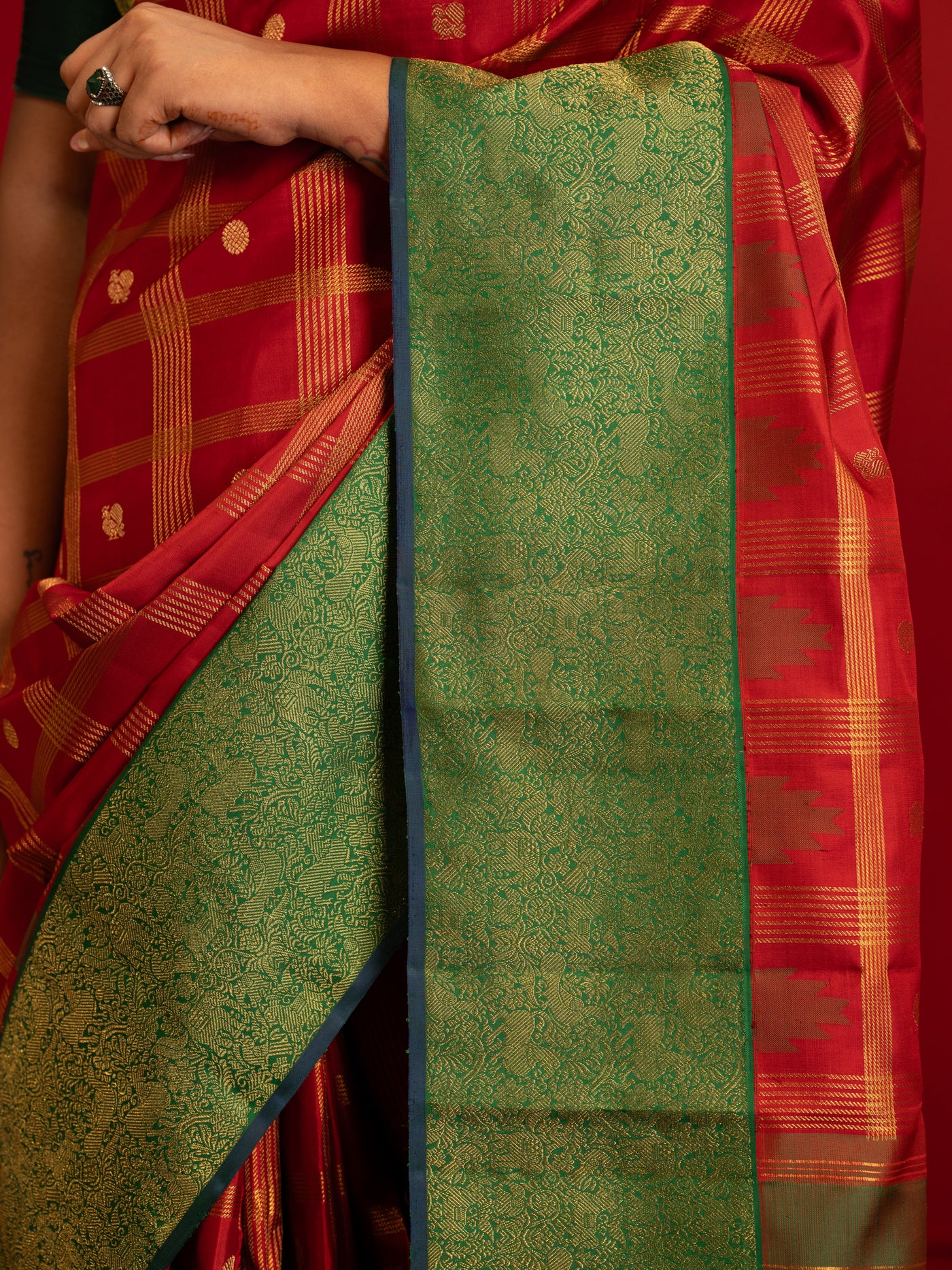 Carmine Red and Green Classic pure zari Kanchipuram silk saree